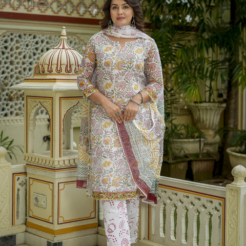 Off White Floral Print Straight Kurta Set for Women - Image 2
