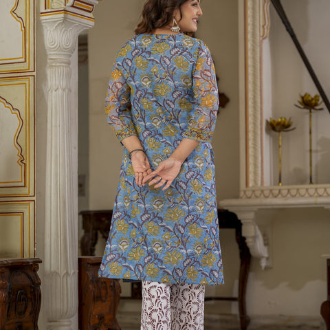 Blue Printed Straight Kurta Set for Women - Image 5