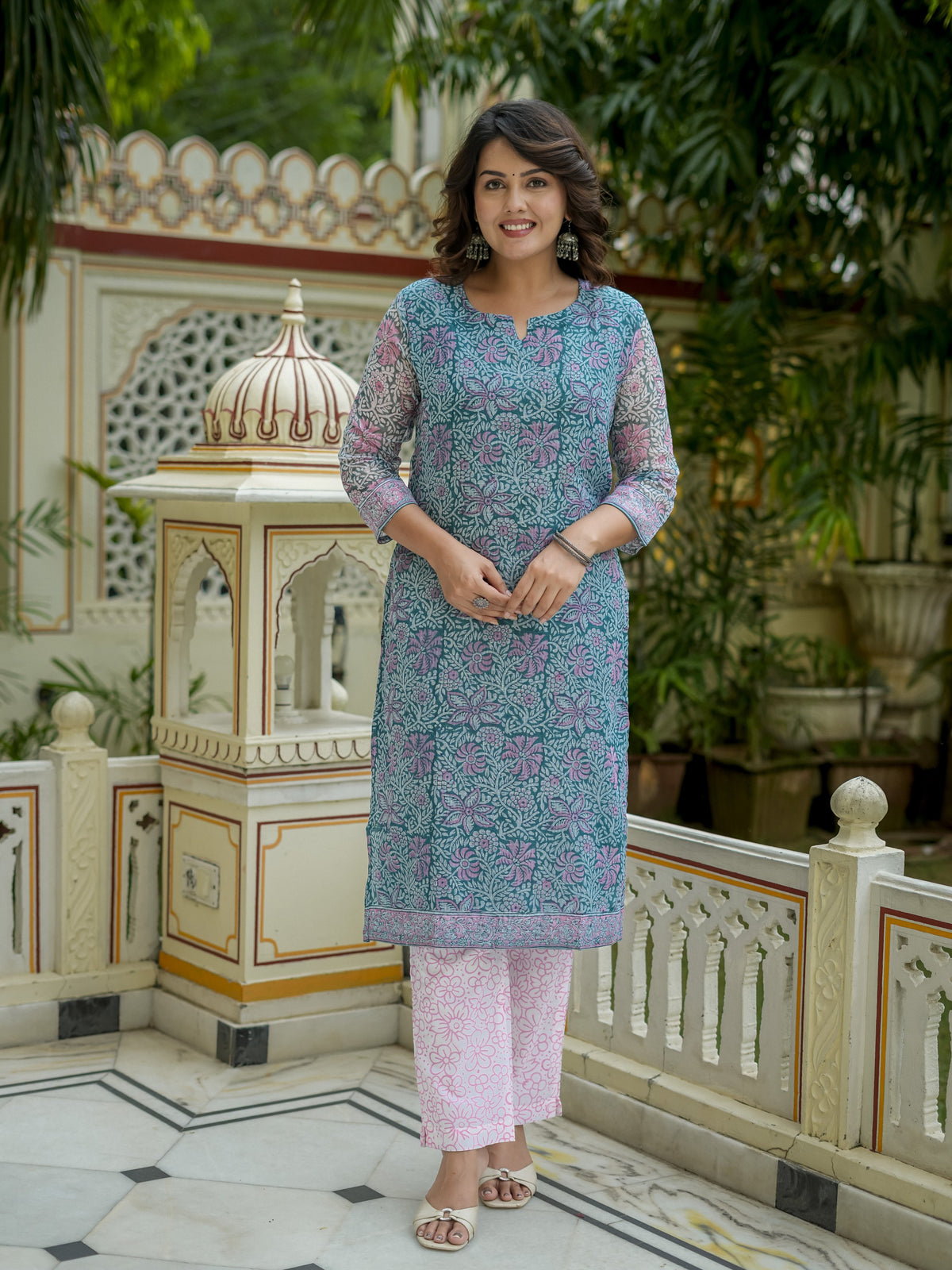 Teal Floral Print Straight Kurta Set for Women - Image 6