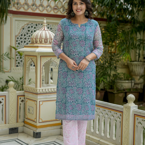Teal Floral Print Straight Kurta Set for Women - Image 6