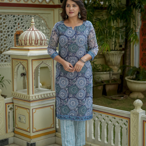 Blue Printed Kurta Dupatta Set For Women - Image 7