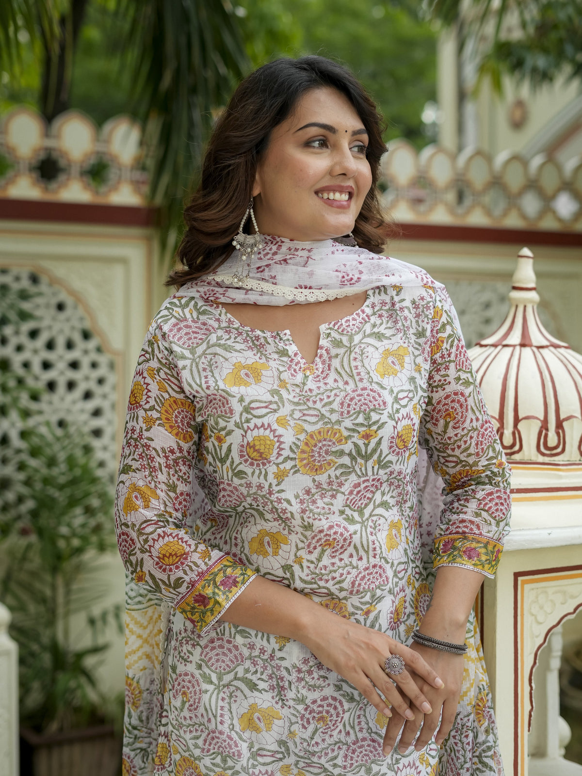 Off White Floral Print Straight Kurta Set for Women - Image 7