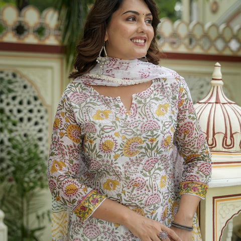 Off White Floral Print Straight Kurta Set for Women - Image 7