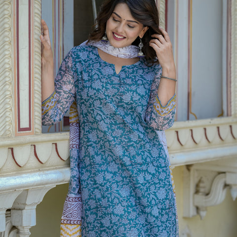 Blue Floral Print Straight Kurta Set for Women - Image 2