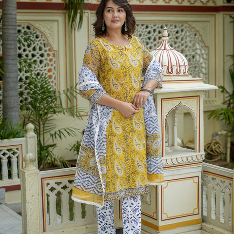 Mustard Printed Kurta Set With Dupatta for Women - Image 6