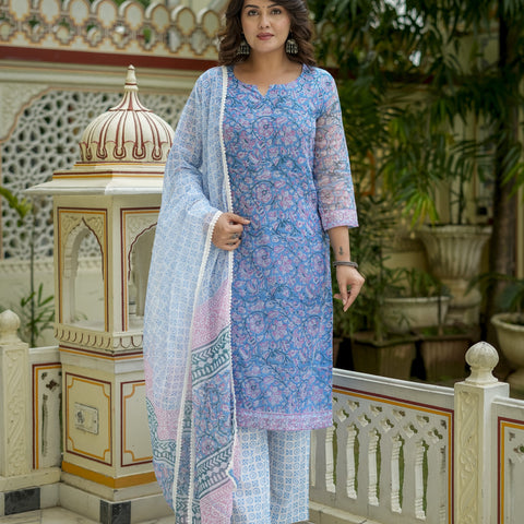 Blue Printed Straight Kurta Set for Women - Image 9