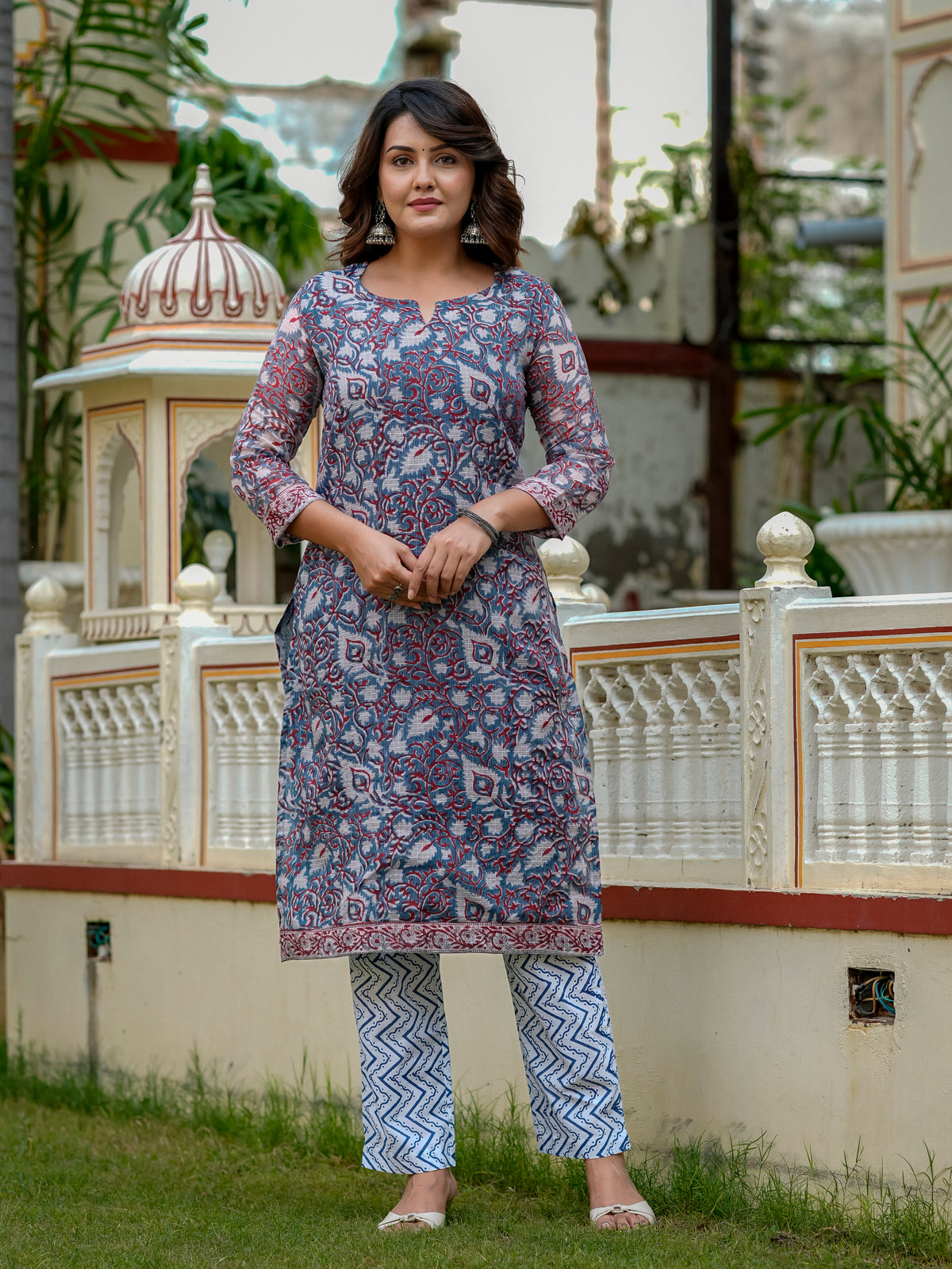 Blue Printed Straight Kurta Set for Women - Image 4