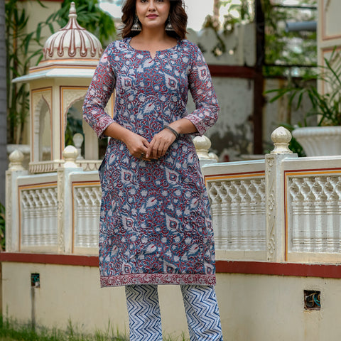 Blue Printed Straight Kurta Set for Women - Image 4