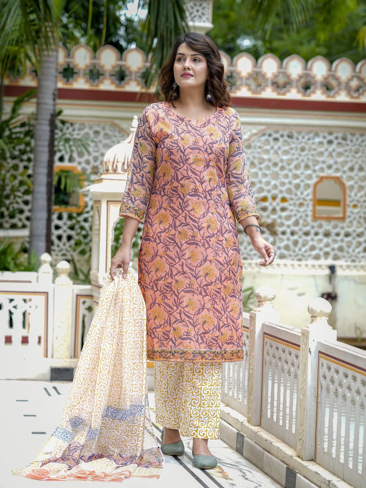 Peach Printed Straight Kurta Set for Women - Image 10