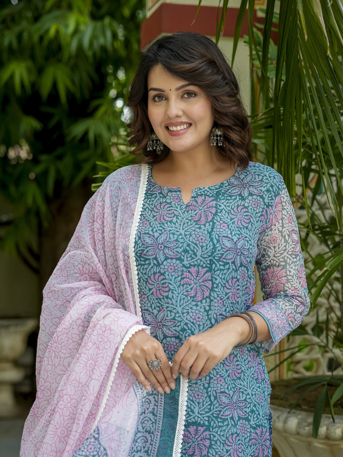 Teal Floral Print Straight Kurta Set for Women - Image 5