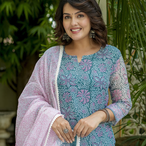Teal Floral Print Straight Kurta Set for Women - Image 5