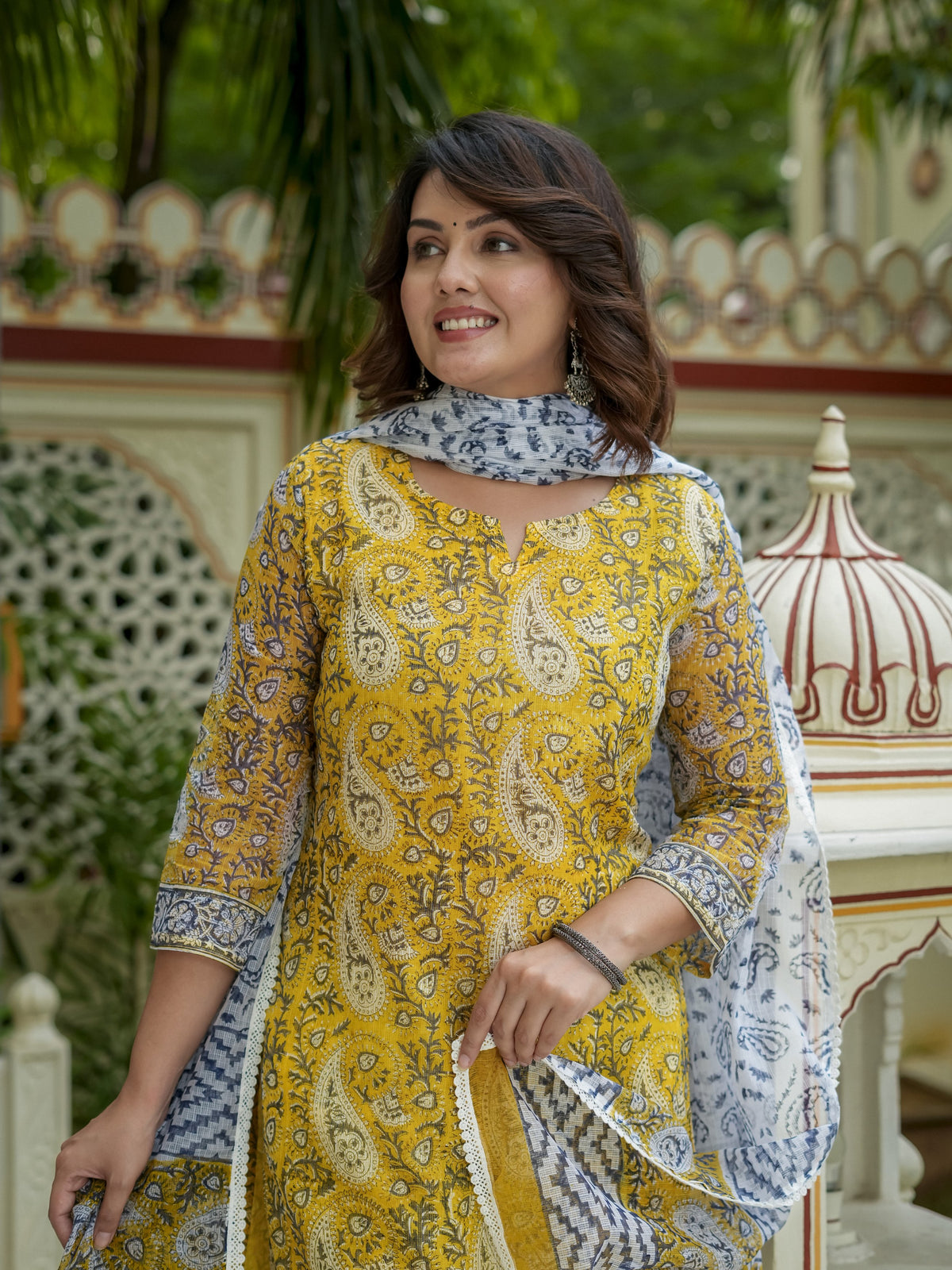 Mustard Printed Kurta Set With Dupatta for Women - Image 3