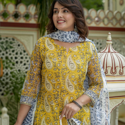 Mustard Printed Kurta Set With Dupatta for Women - Image 3