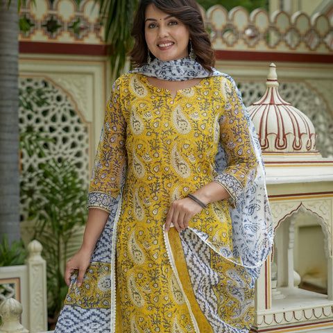 Mustard Printed Kurta Set With Dupatta for Women - Main Image