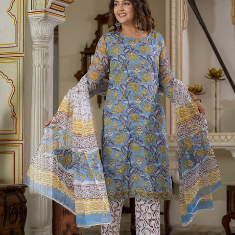 Blue Printed Straight Kurta Set for Women - Image 7