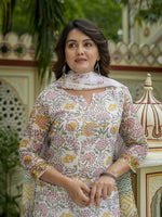 Off White Floral Print Straight Kurta Set for Women