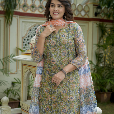 Green Floral Print Straight Kurta for Women - Image 5