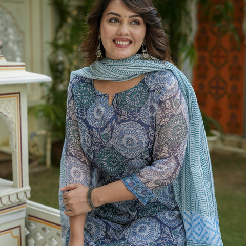 Blue Printed Kurta Dupatta Set For Women - Main Image