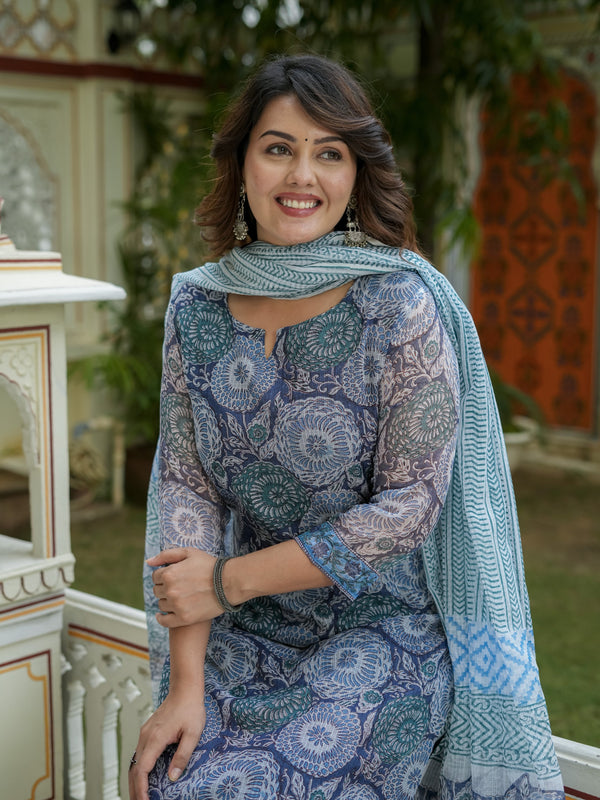 Blue Printed Kurta Dupatta Set For Women