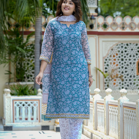 Blue Floral Print Straight Kurta Set for Women - Main Image