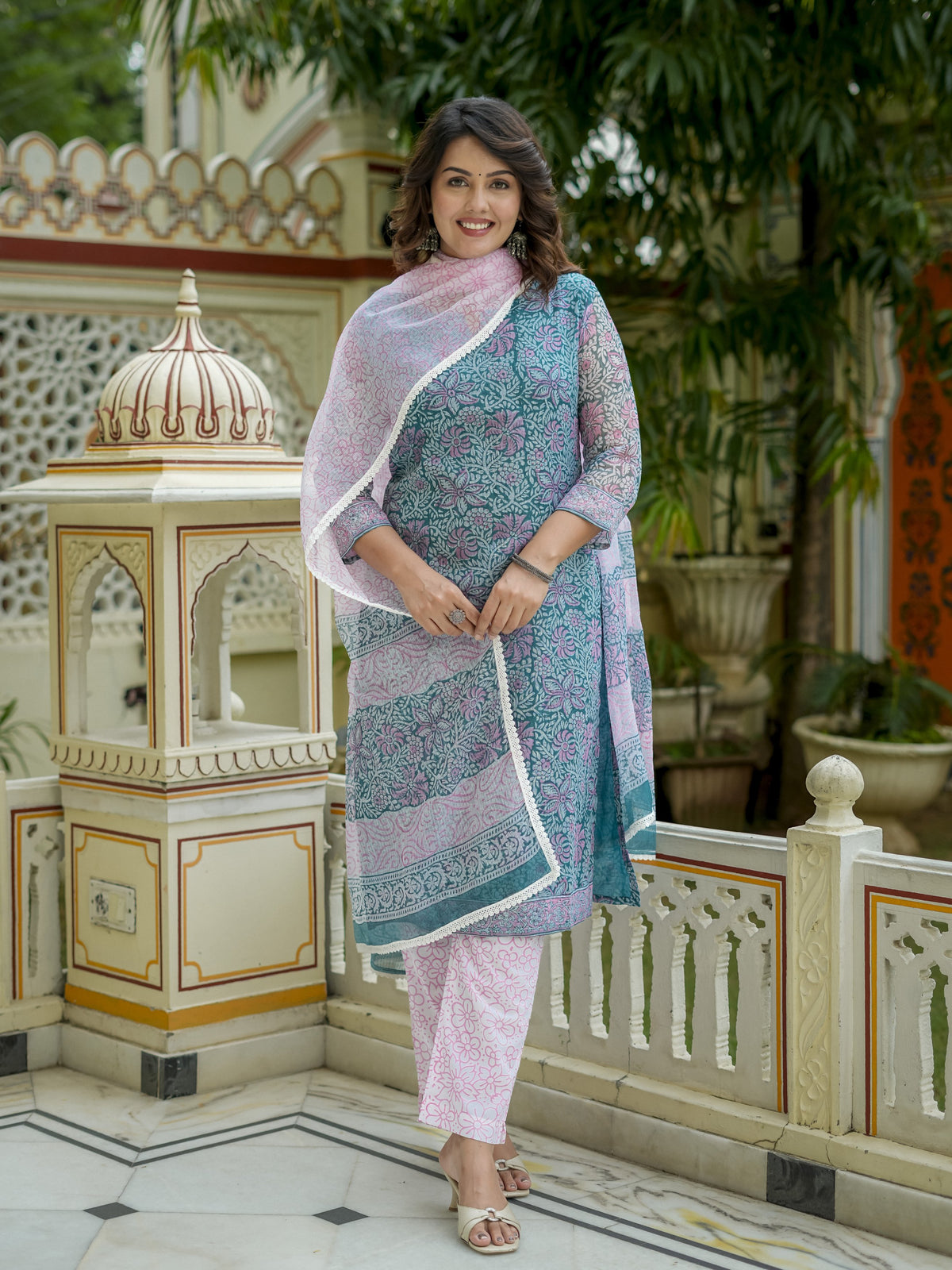 Teal Floral Print Straight Kurta Set for Women - Image 3
