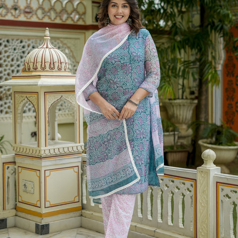 Teal Floral Print Straight Kurta Set for Women - Image 3