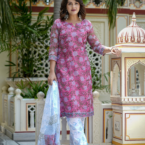 Pink Floral Print Kurta Set for Women - Image 7