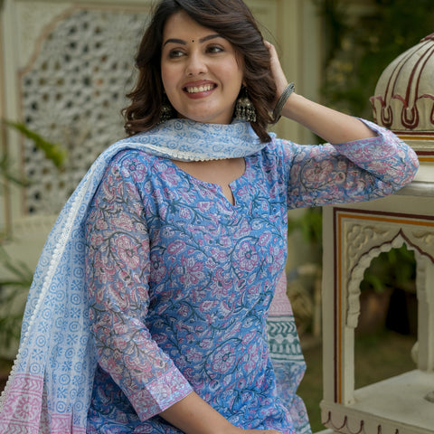 Blue Printed Straight Kurta Set for Women - Main Image
