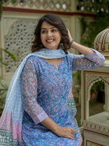 Blue Printed Straight Kurta Set for Women