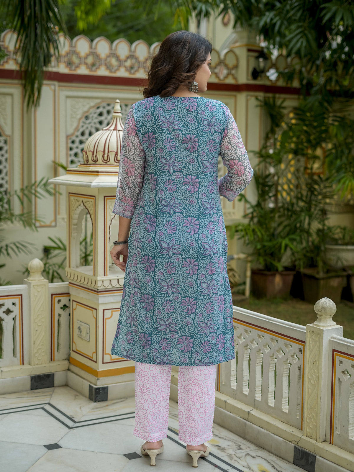 Teal Floral Print Straight Kurta Set for Women - Image 9