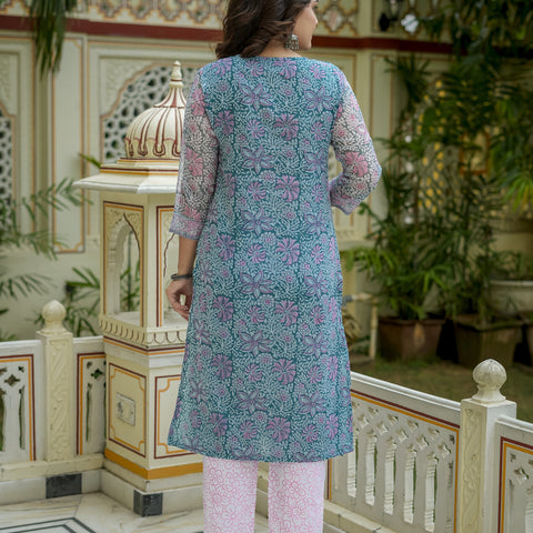 Teal Floral Print Straight Kurta Set for Women - Image 9