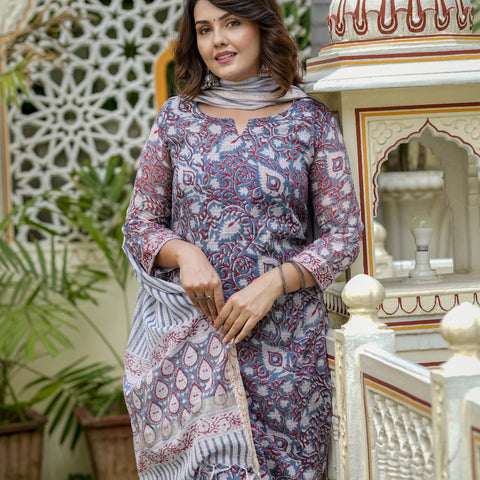 Blue Printed Straight Kurta Set for Women - Image 3