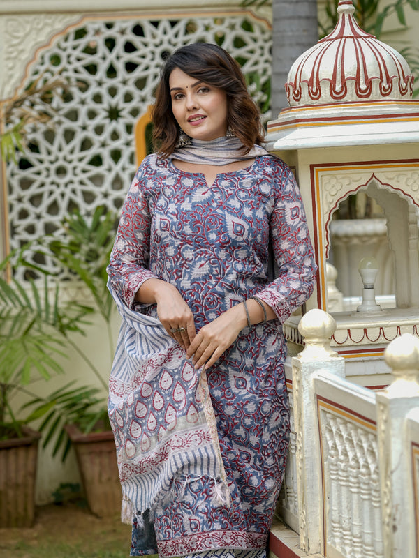 Blue Printed Straight Kurta Set for Women