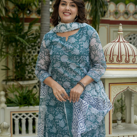 Teal Floral Print Kurta Set for Women - Image 5