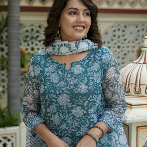 Teal Floral Print Kurta Set for Women - Image 6