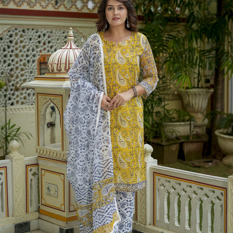 Mustard Printed Kurta Set With Dupatta for Women - Image 4