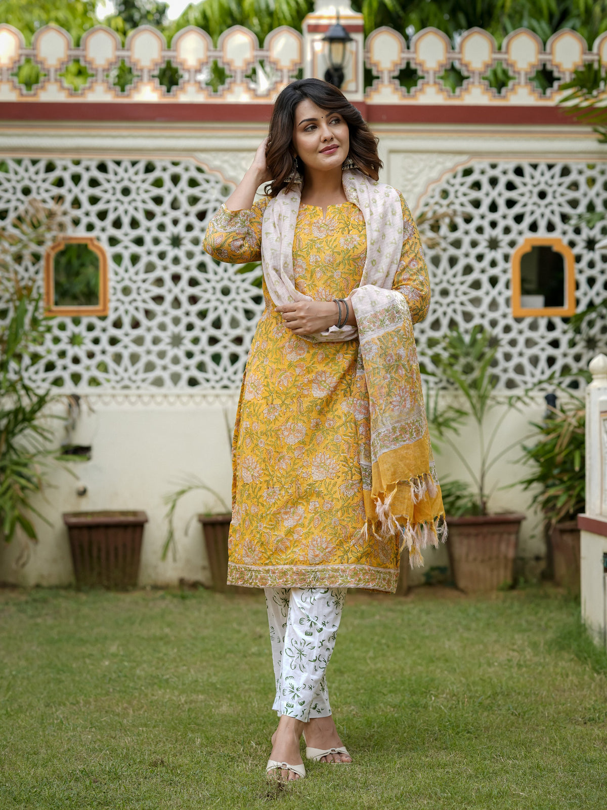 Yellow Floral Printed Kurta Set With Dupatta For Women - Main Image