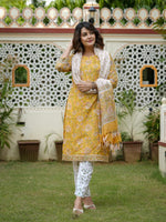 Yellow Floral Printed Kurta Set With Dupatta For Women