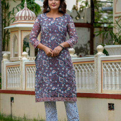 Blue Printed Straight Kurta Set for Women - Image 8