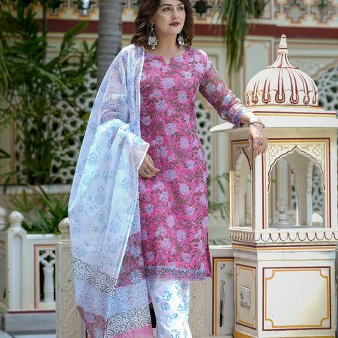 Pink Floral Print Kurta Set for Women - Image 9