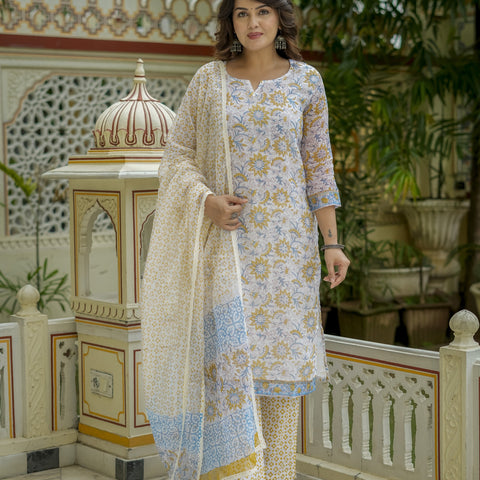 White Floral Print Straight Suit Set for Women - Image 6