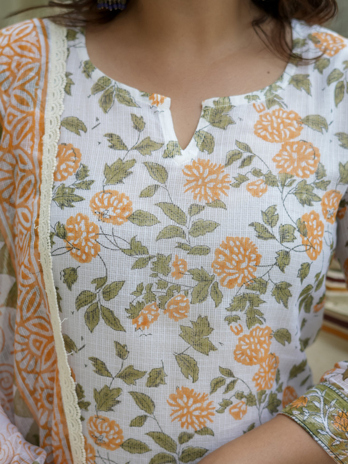 White Floral Print Straight Kurta Set for Women - Main Image