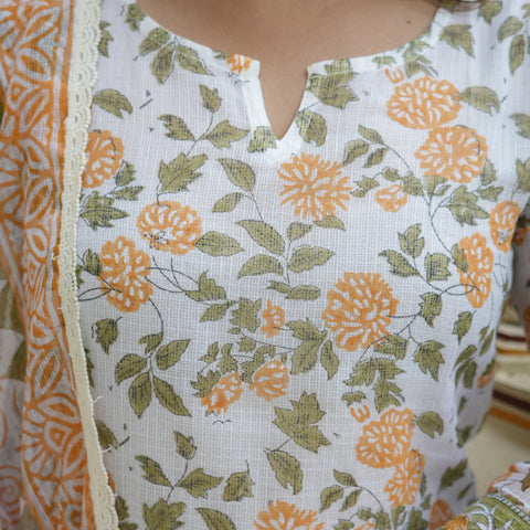 White Floral Print Straight Kurta Set for Women - Main Image