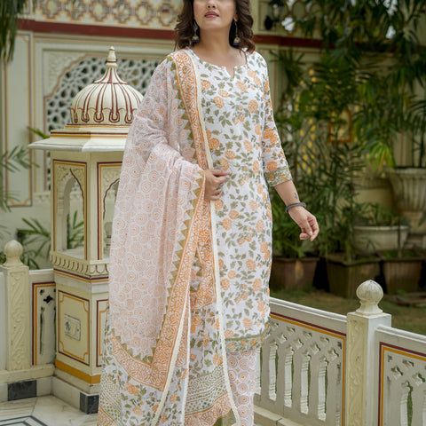 White Floral Print Straight Kurta Set for Women - Image 4