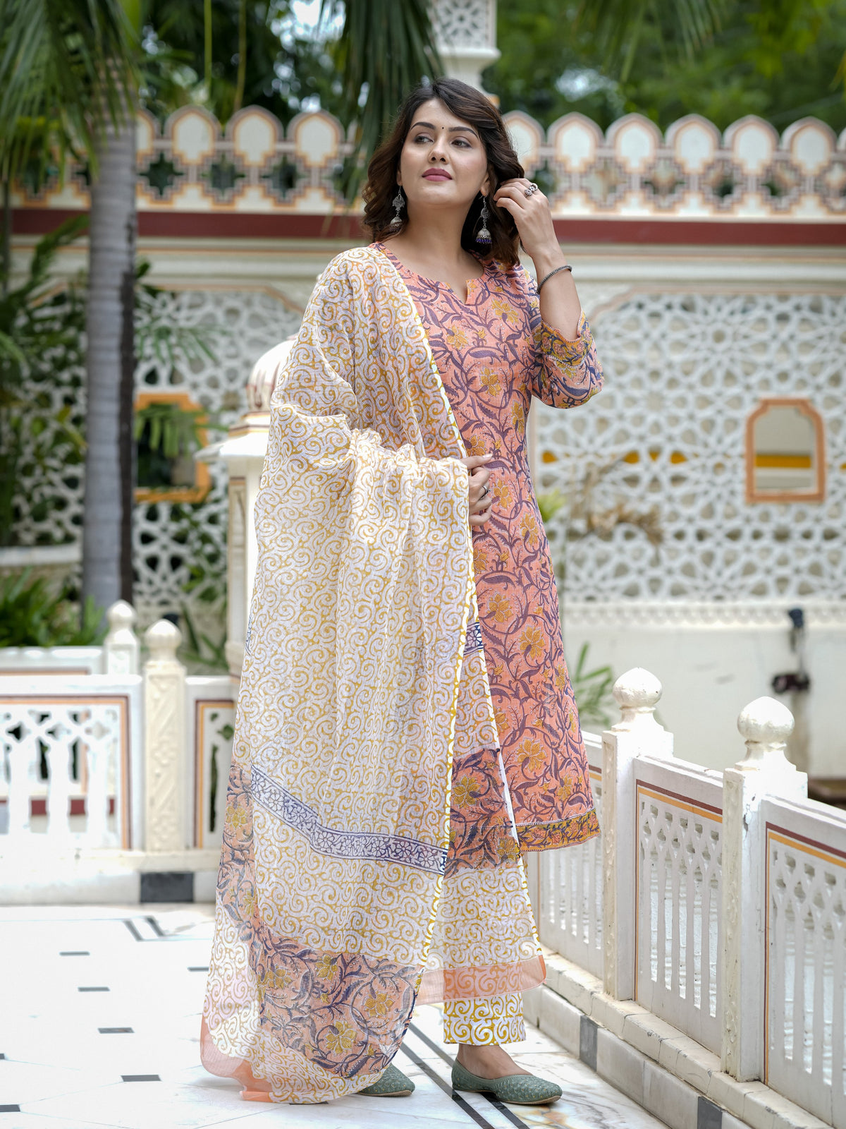 Peach Printed Straight Kurta Set for Women - Image 4