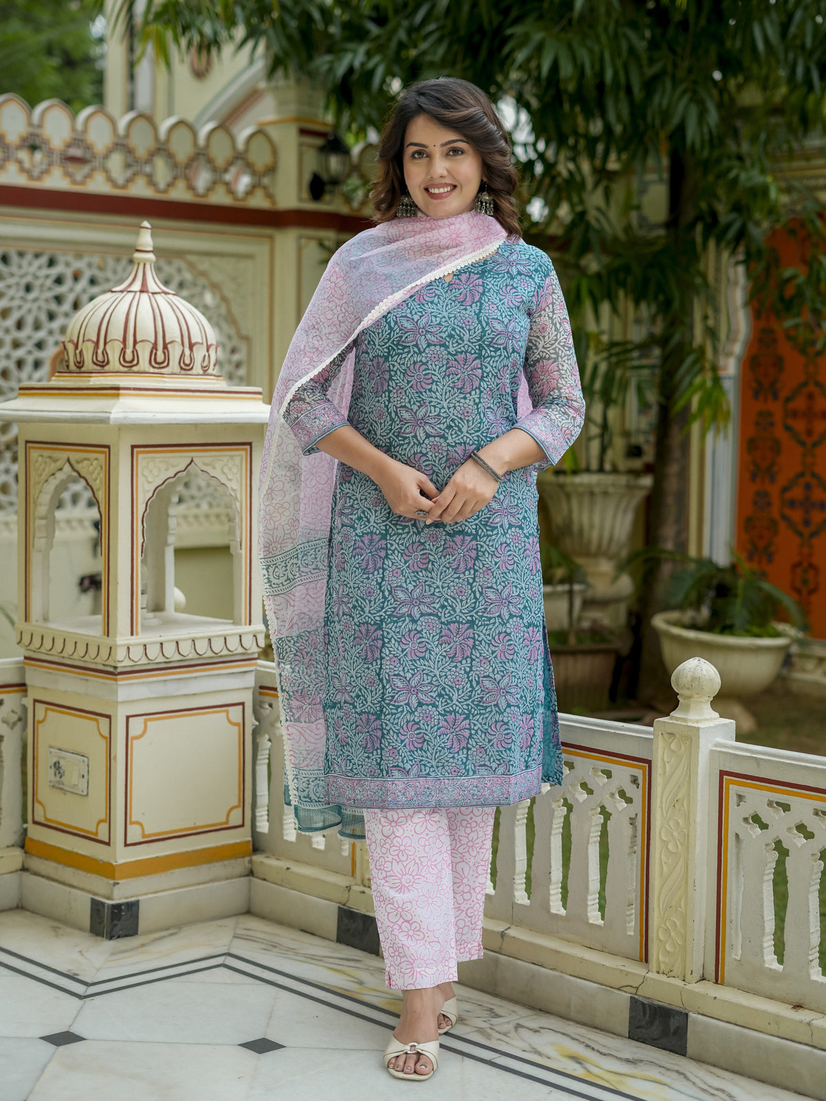Teal Floral Print Straight Kurta Set for Women - Image 4