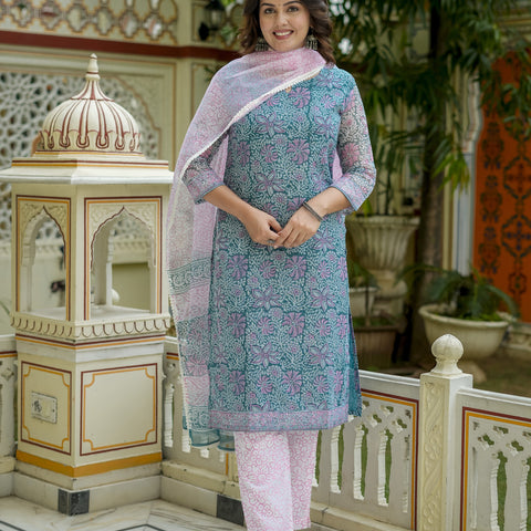 Teal Floral Print Straight Kurta Set for Women - Image 4