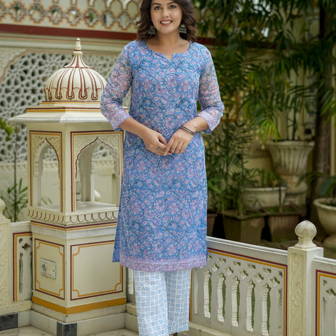 Blue Printed Straight Kurta Set for Women - Image 5