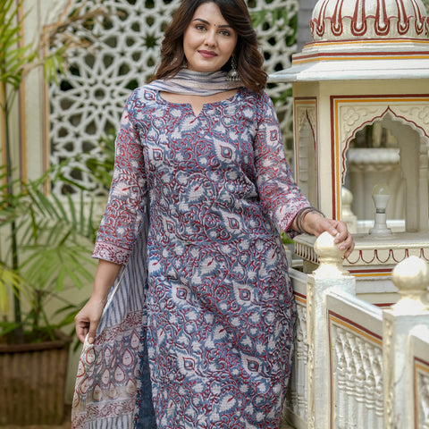 Blue Printed Straight Kurta Set for Women - Image 6