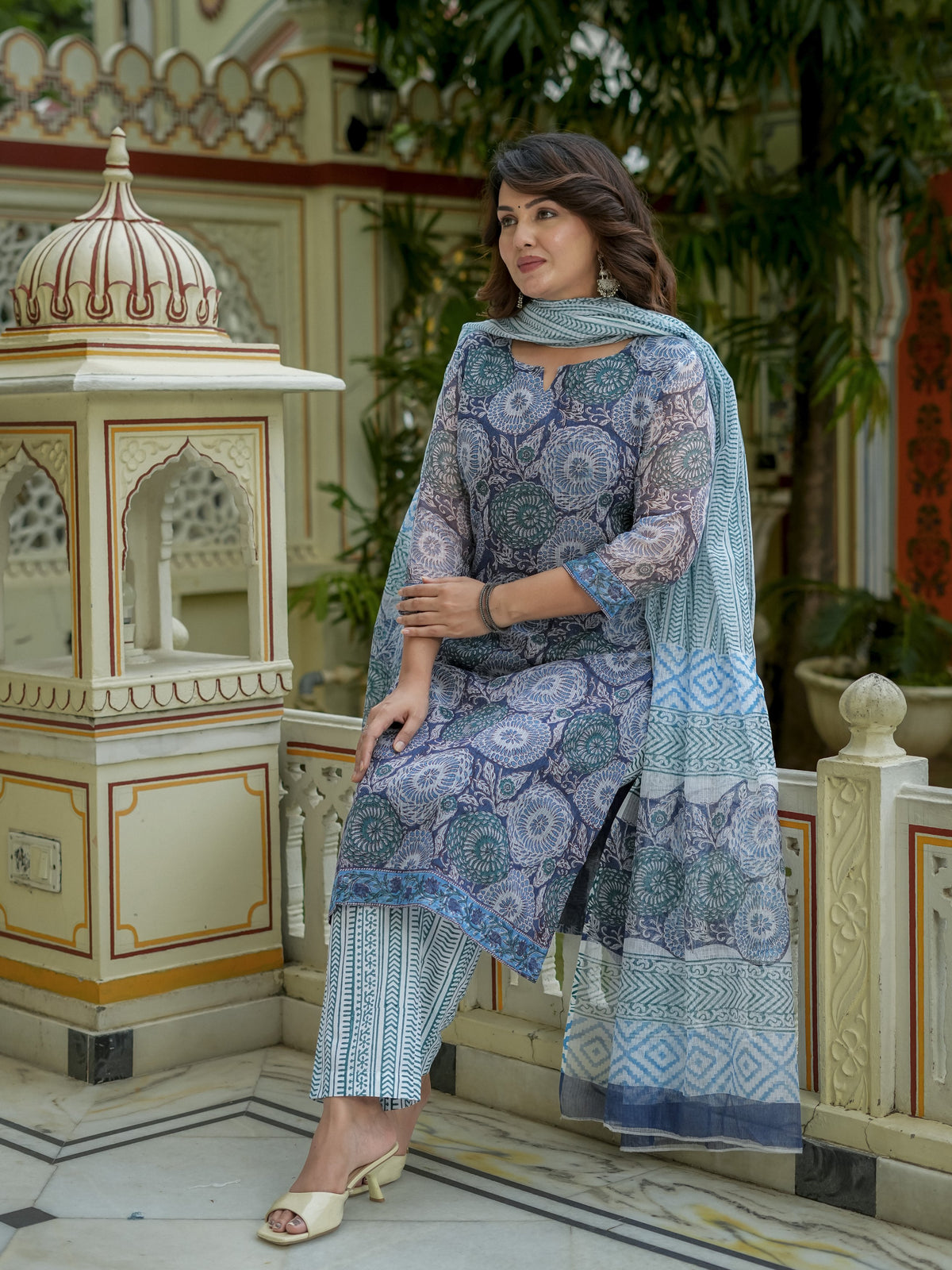 Blue Printed Kurta Dupatta Set For Women - Image 6